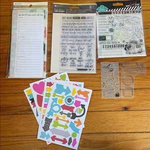 Set of planner supplies: stamps, stickers, paper